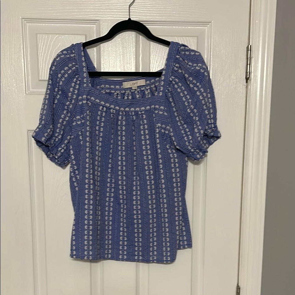 Loft Size M Square Neck Blue and White Embroidered Women's Top